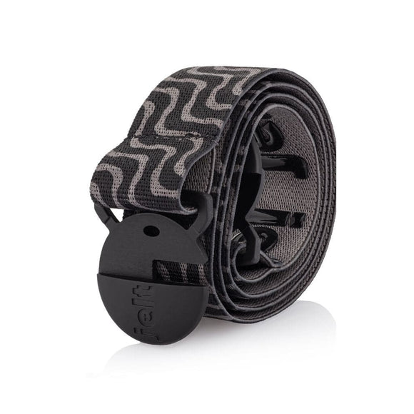 Black and Grey Jelt Zebra Wave Stretch Belt Rolled.