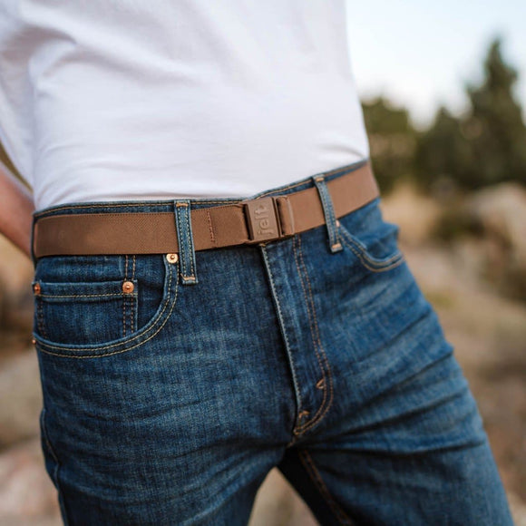 JeltX Adjustable belt in Chestnut Brown pictured on male.